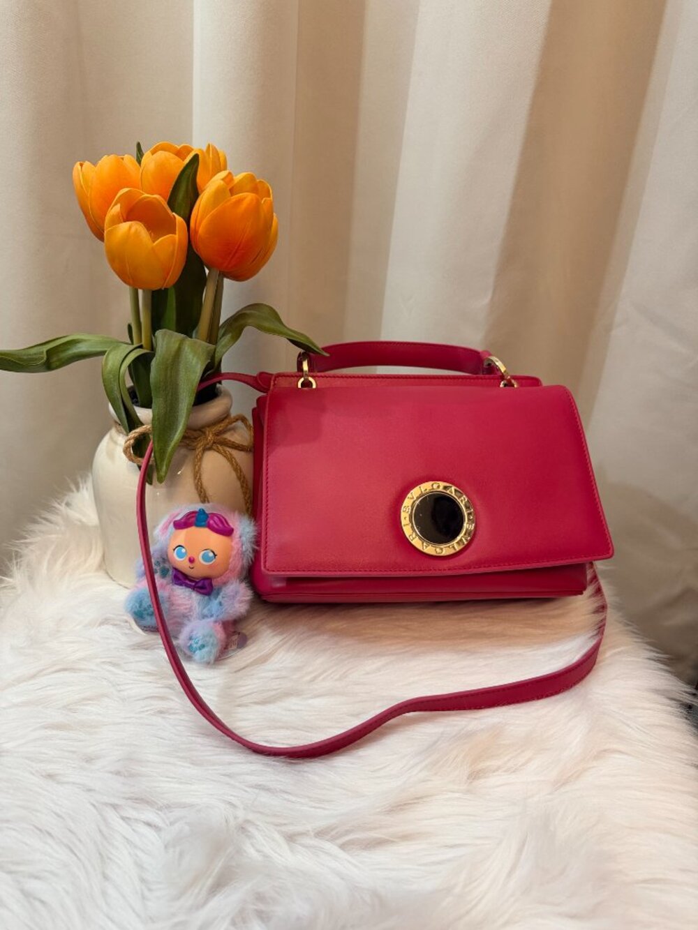 BVLGARI Pink Leather Duet Top Cover 2 Ways Bag with Gold Hardware